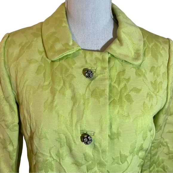 Rappi Green Vintage 60s Jacket Textured Flower Pattern Snap Rhinestone Buttons - Picture 4 of 11